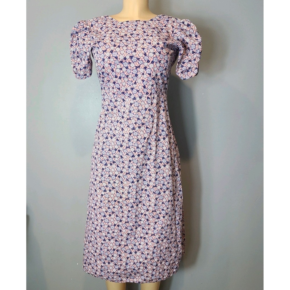 Vtg 70s Fairy Floral Midi Dress Sz XXS Cottage Garden Party Pink Regency Coquett
